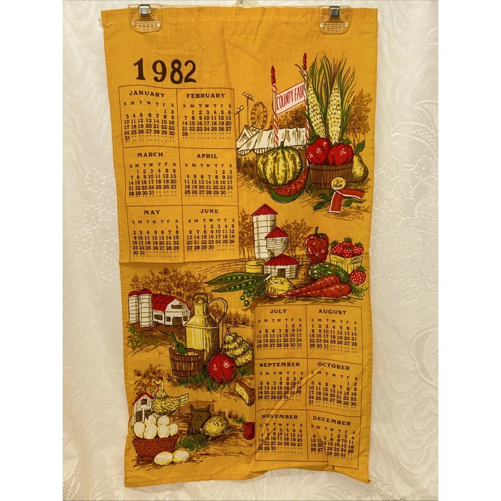 Vintage Linen Tea Towel / Wall Hanging Calendar County/State Fair Pattern 1982